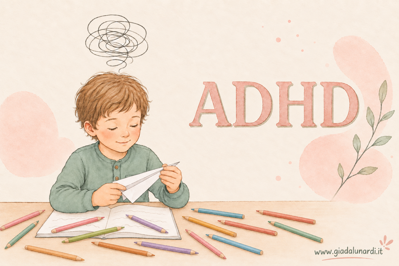 Bambino con ADHD infantile disegna e gioca, illustrazione dello studio della dottoressa Giada Lunardi