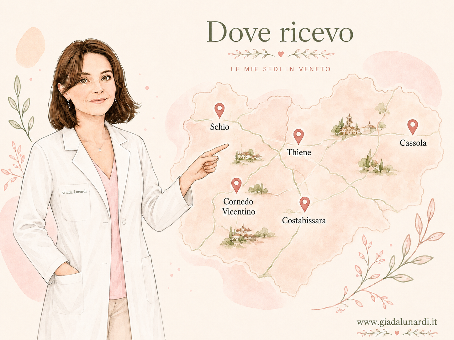 Dott.ssa Giada Lunardi con cartina illustrata delle sedi di Schio, Thiene, Cassola, Cornedo Vicentino e Costabissara