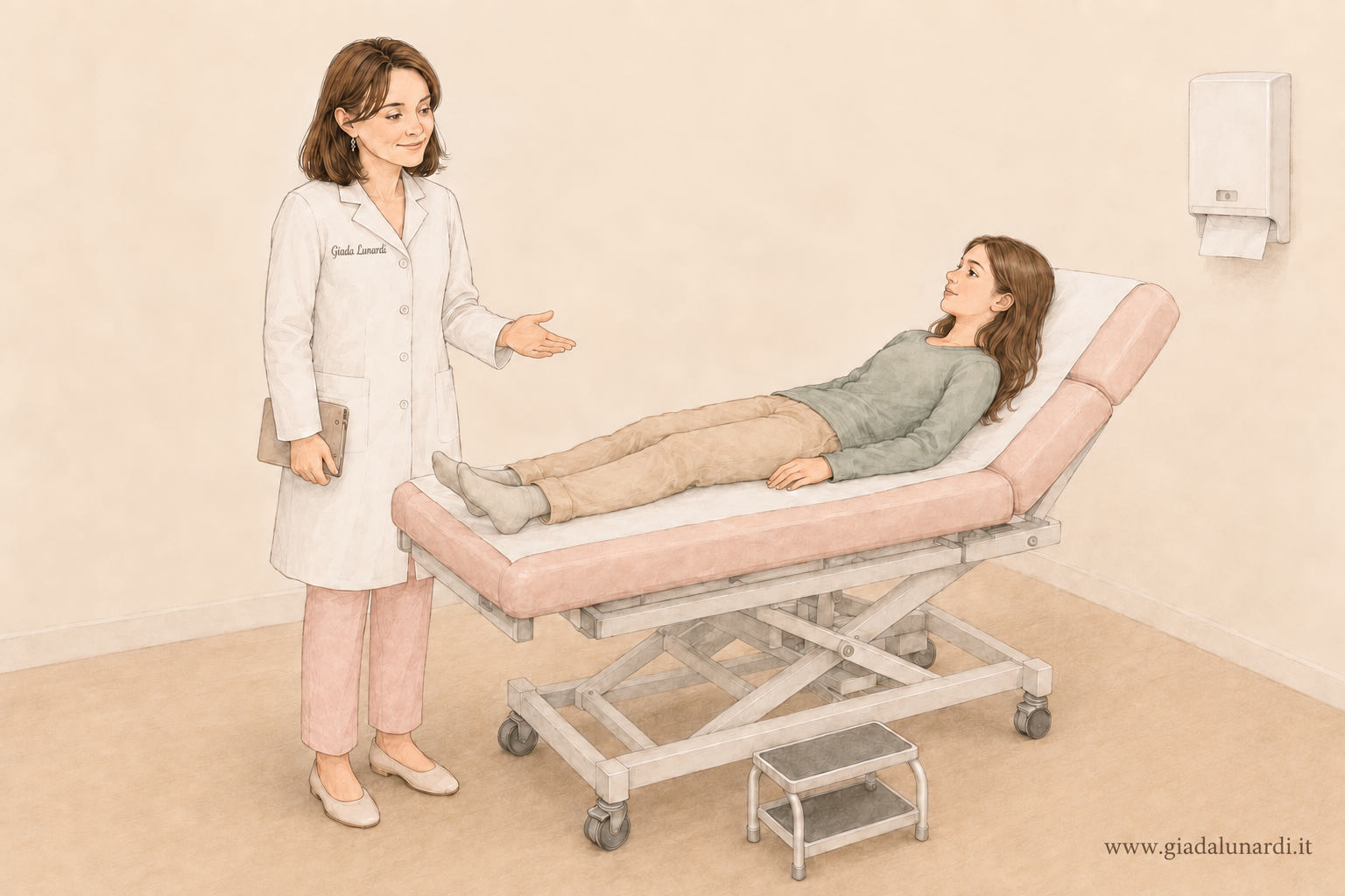 Illustrazione di una visita neuropsichiatrica infantile, la dottoressa Giada Lunardi con una ragazza in ambulatorio