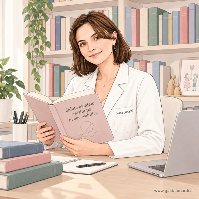 Di cosa si occupa il neuropsichiatra infantile: illustrazione della dottoressa Giada Lunardi in studio con un libro su salute mentale e sviluppo in età evolutiva